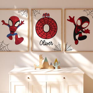 Spiderman Themed Wall Art Prints Set of 3 Nursery Decor Superhero Custom Print Toddler Boy Digital Posters Personalized Name Boys Room Decor image 9