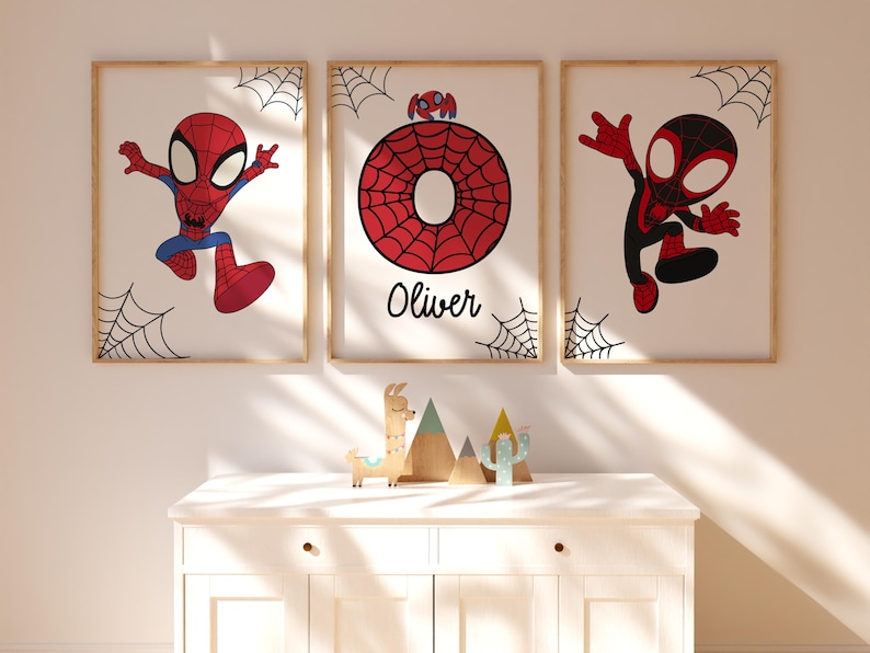 Spiderman Themed Wall Art Prints Set of 3 Nursery Decor Superhero Custom Print Toddler Boy Digital Posters Personalized Name Boys Room Decor image 9