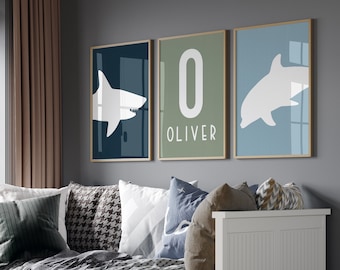Conjunto personalizado de 3 impressões de arte de parede, pôster com nome personalizado de tubarão e golfinho, decoração de berçário de animais marinhos e impressões náuticas para quarto de menino