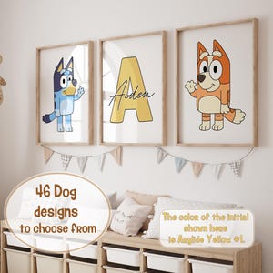 Blauer Hund Themed Wall Art Prints 3er-Set Kinderzimmer Dekor Hunde Benutzerdefinierte Druck Kleinkind Junge Digitale Poster Personalisierte Name Jungen Mädchen Raumdekor
