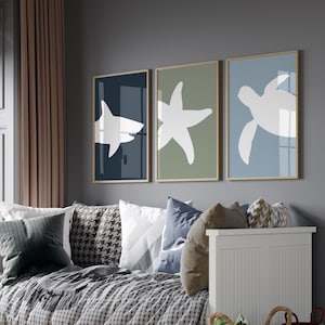 Juego de 3 impresiones de arte de pared bajo el mar, impresiones digitales, animales marinos, tiburón, estrella de mar, tortuga, decoración de guardería, póster, arte de pared náutico para habitación de niño