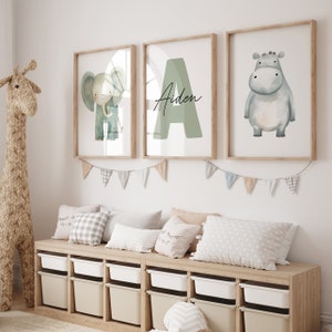 Conjunto personalizado de 3 Safari Animal vivero decoración pared arte impresión nombre personalizado selva vivero decoración león elefante jirafa niño niños imprimibles