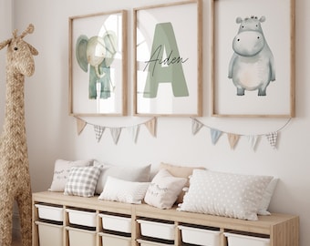 Custom Set of 3 Safari Animal Nursery Decor Wall Art Print Personalized Name Jungle Nursery Decor Lion Elephant Giraffe Child Kids Printable