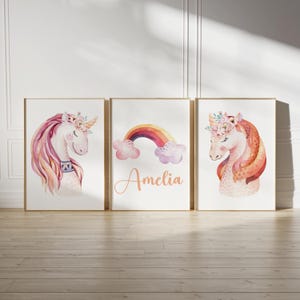Juego personalizado de 3 impresiones de arte de pared de unicornio con acuarela, letrero con nombre personalizado, decoración de habitación de niña, carteles imprimibles, decoración de guardería de niñas