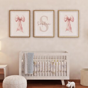 Custom Pink Bow Wall Art Set of 3 Prints Personalized Name Sign Girl ...