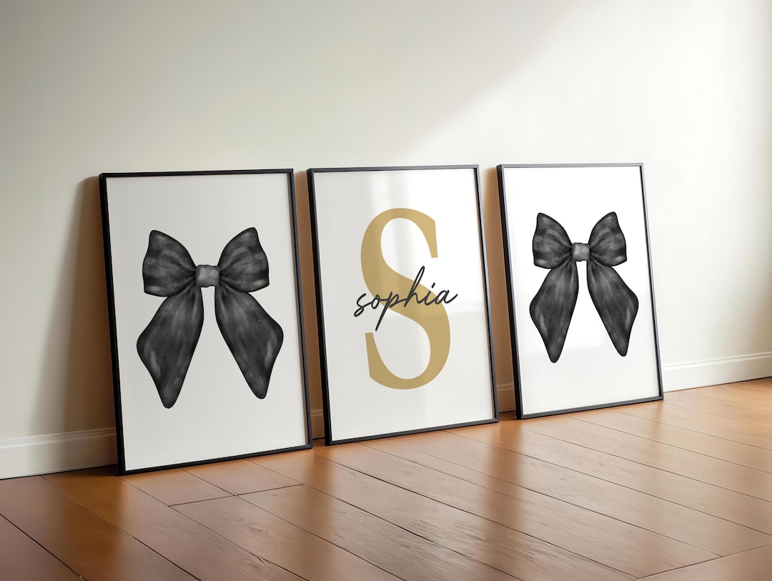 Black Bow Watercolor Wall Art Set of 3 Prints Personalized Name Sign ...