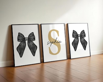 Ensemble d'art mural aquarelle noeud noir de 3 impressions nom personnalisé signe décoration de chambre fille Art girly initial personnalisé, décoration de chambre d'enfant filles imprimable