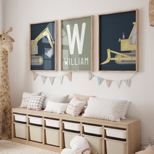 Set of 3 Construction Nursery Wall Art Prints Decor Digger Bulldozer Custom Toddler Boy Bedroom Personalized Name Nursery Decor Child Kids