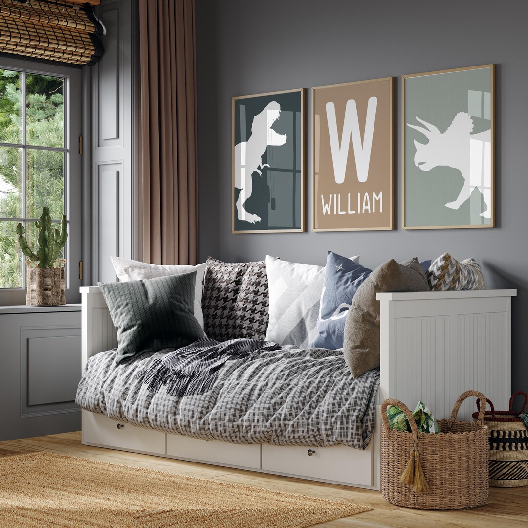 Personalized Dinosaur Nursery Prints, Dino Wall Art Set of 3 Playroom ...