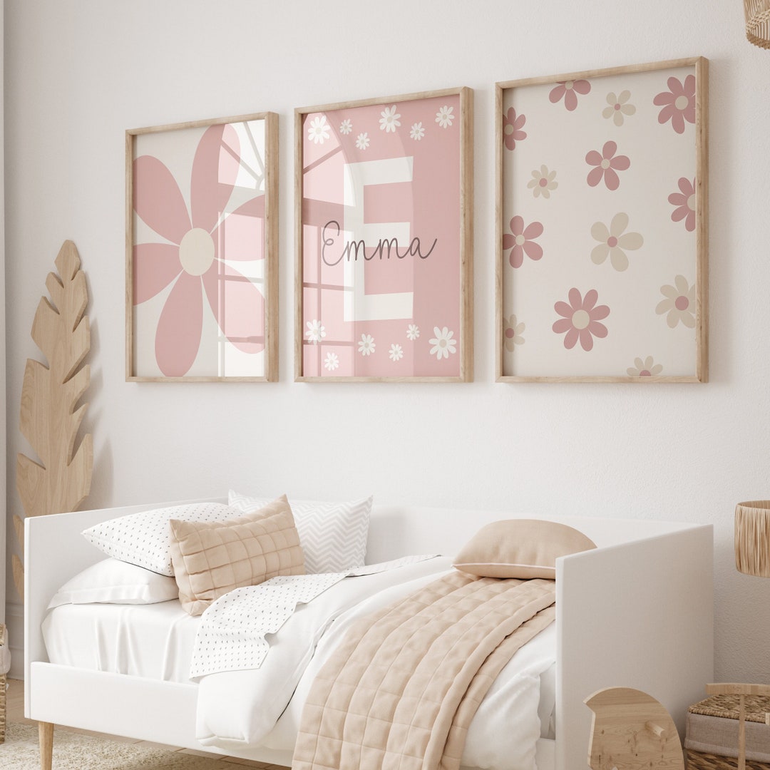 Custom Set of 3 Daisy Wall Art Prints Personalized Name Sign Girl Room ...
