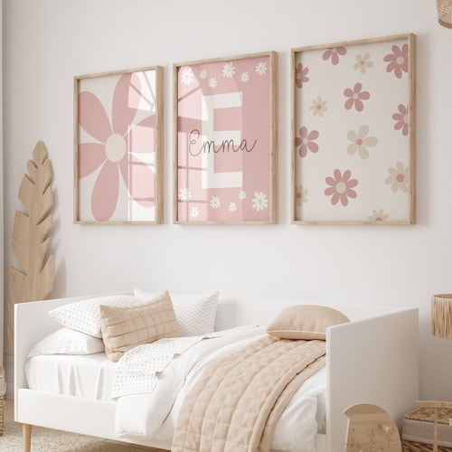 Custom Set of 3 Daisy Wall Art Prints Personalized Name Sign Girl Room Decor Floral Printable, Gallery Wall Art, Neutral Boho Nursery Decor