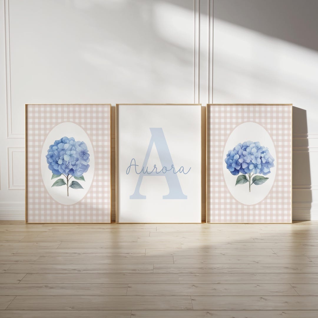 Custom Set of 3 Hydrangea Nursery Wall Art Prints Personalized Name ...
