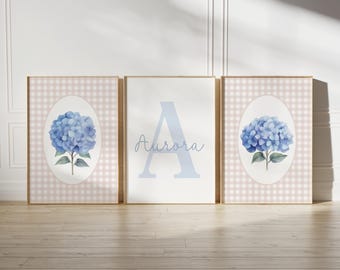 Custom Set of 3 Hydrangea Nursery Wall Art Prints Personalized Name Sign Girl Room Decor Botanical Blue Floral Printable, Gallery Wall Art