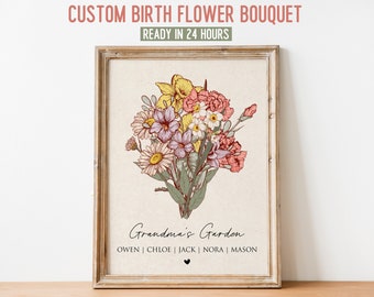 Aangepaste geboorte bloemboeket kunst aan de muur, gepersonaliseerde Moederdag cadeau voor oma, Nana's moeder tuin antieke bloem digitale print kunst