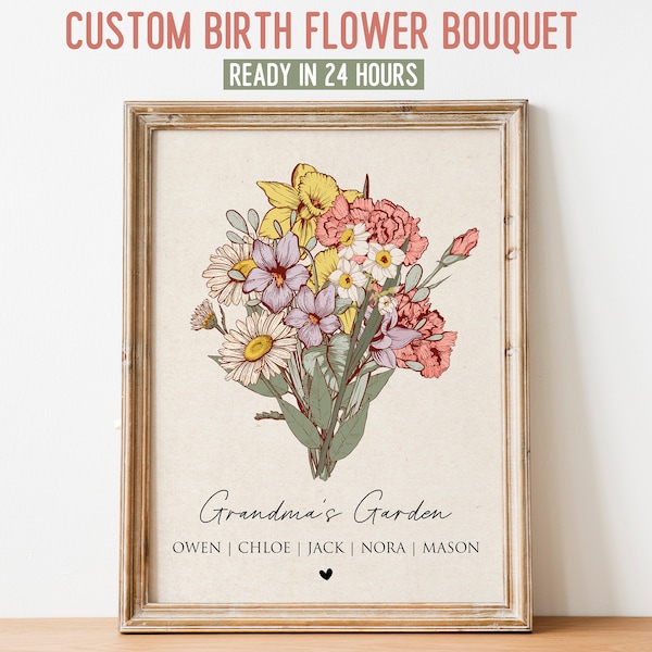 Custom Birth Flower Bouquet Wall Art, Personalized Mother's Day Gift for Grandma, Nana's Mom's Garden Antique Flower Digital Print Art