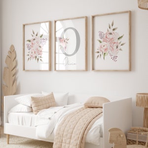 Arte de pared floral personalizado para guardería, decoración de habitación de niña rosa, impresión para habitación de niña, nombre personalizado y ramos, flores de peonía en acuarela ruborizada