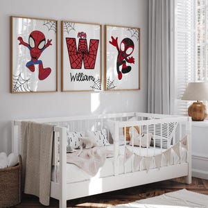 Spiderman Themed Wall Art Prints Set of 3 Nursery Decor Superhero Custom Print Toddler Boy Digital Posters Personalized Name Boys Room Decor image 2