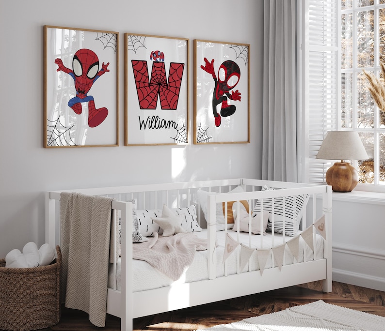 Spiderman Themed Wall Art Prints Set of 3 Nursery Decor Superhero Custom Print Toddler Boy Digital Posters Personalized Name Boys Room Decor image 2