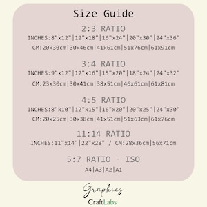 May include: A size guide chart with various print ratios, including 2:3, 3:4, 4:5, 11:14, and 5:7. Inch and centimeter measurements are listed for each ratio, such as 8"x12" (20x30cm) and 24"x36" (61x91cm). The "Graphics CraftLabs" logo is at the bottom.