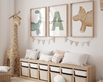 Custom Dinosaur Prints Set of 3 Nursery Wall Art Printable Poster Initial Name Personalized Gift Baby Dino Boys Girls Room Decor Boy Girl