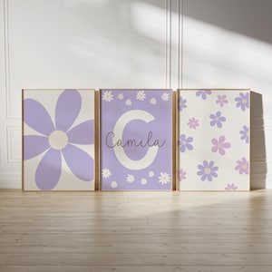 Custom Set of 3 Daisy Wall Art Prints Personalized Name Sign Girl Room Floral Printable, Gallery Wall Art Neutral Lilac Purple Nursery Decor