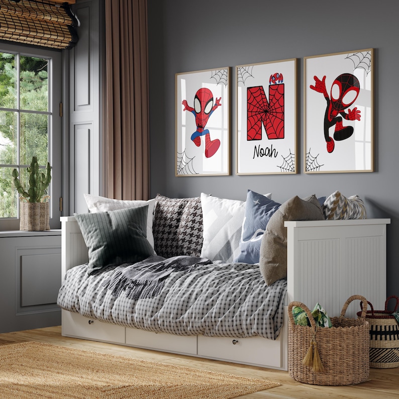 Spiderman Themed Wall Art Prints Set of 3 Nursery Decor Superhero Custom Print Toddler Boy Digital Posters Personalized Name Boys Room Decor image 3