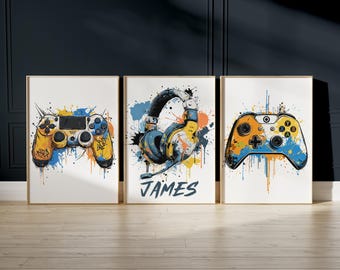 Custom Set of 3 Gaming Prints Boys Wall Art Decor Print Boy Printable Posters Personalized Name Bedroom Gaming Decor Graffiti Style