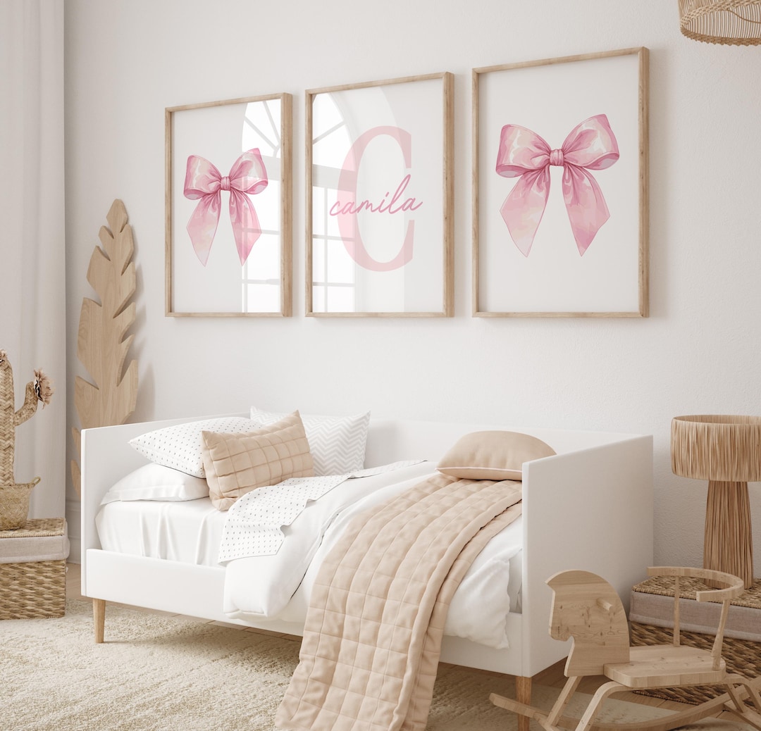 Pink Bow Watercolor Wall Art Set of 3 Prints Personalized Name Sign ...