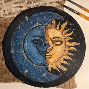 Sun and Moon Face on Hand-Painted Vinyl – Celestial Wall Art – Day and Night Cosmic Decor on Upcycled Record