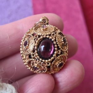 Vintage Etruscan Babylon style Pendant ball pink magenta crystal necklace women