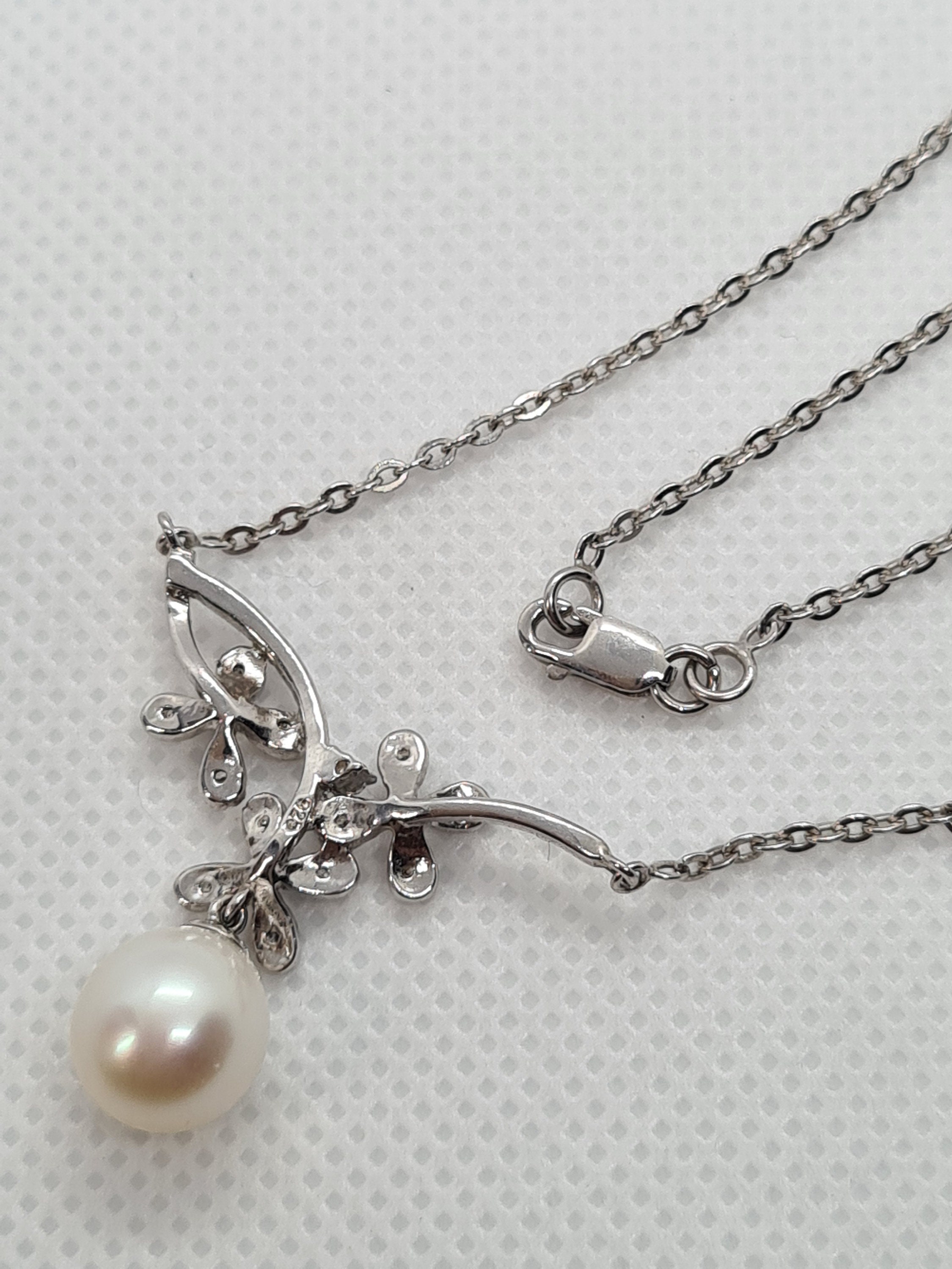 Vintage Sterling Silver Pearl Drop Necklace Flowers Women