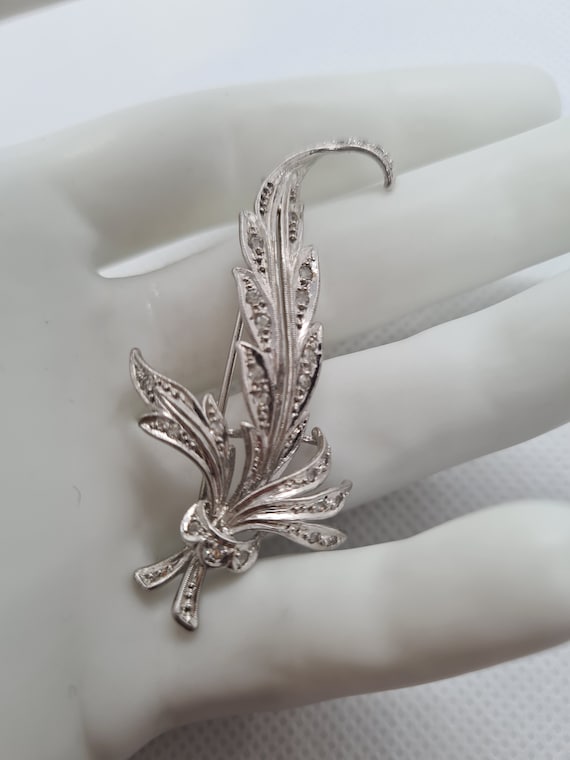 Solid Silver 925  brooch Diamond paste Leave flow… - image 2