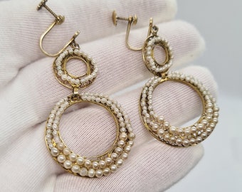 Victorian  Drop Earrings filigree circle seed pearl screw back