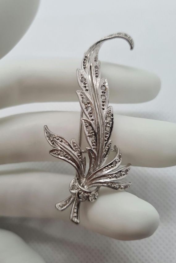 Solid Silver 925  brooch Diamond paste Leave flow… - image 1