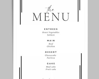 Elegant Black and White wedding menu | menu sign | menus | Minimalist | Monochrome | Digital download