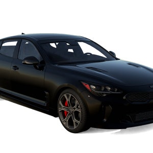 Op de afbeelding: Een zwarte Kia Stinger met rode remklauwen. De auto is te zien vanuit een driekwart vooraanzicht.