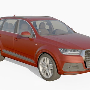 May include: A red Audi Q7 SUV with a black grille and chrome accents. The car is parked on a white background.
