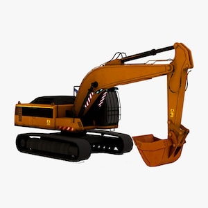 Peut inclure: Une grande pelle mécanique orange avec une cabine noire et un système de chenilles noir. La pelle mécanique est équipée d'un grand godet orange fixé au bras.