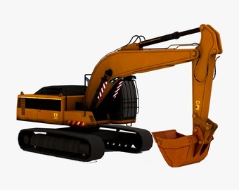 Könnte beinhalten: Ein großer orangefarbener Bagger mit einer schwarzen Kabine und einem schwarzen Kettenlaufwerk. Der Bagger hat einen großen orangefarbenen Löffel, der am Arm befestigt ist.