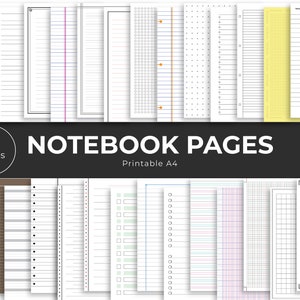 Peut inclure: Une collection de 35 pages de cahier A4 imprimables avec divers designs. Les pages présentent différentes mises en page, y compris des styles lignés, pointillés, quadrillés et vierges, dans une variété de couleurs. Le texte "NOTEBOOK PAGES" est affiché.