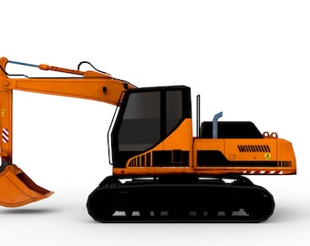 Könnte beinhalten: Ein orangefarbener und schwarzer Bagger mit einem angehobenen Arm und einem Löffel. Der Bagger steht auf einem weißen Hintergrund.