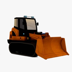 May include: A black and orange construction vehicle with a large orange bucket. The vehicle has a black cab with a windshield and a black track system.