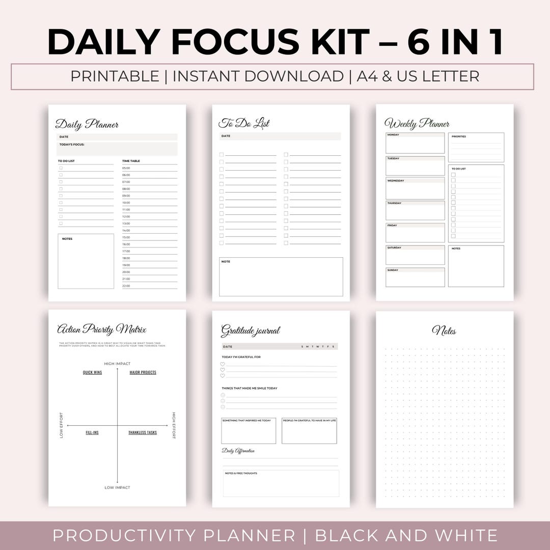 Daily Focus Lettering Printable Daily Focus Kit – 6 Page Productivity Planner | Black and ...