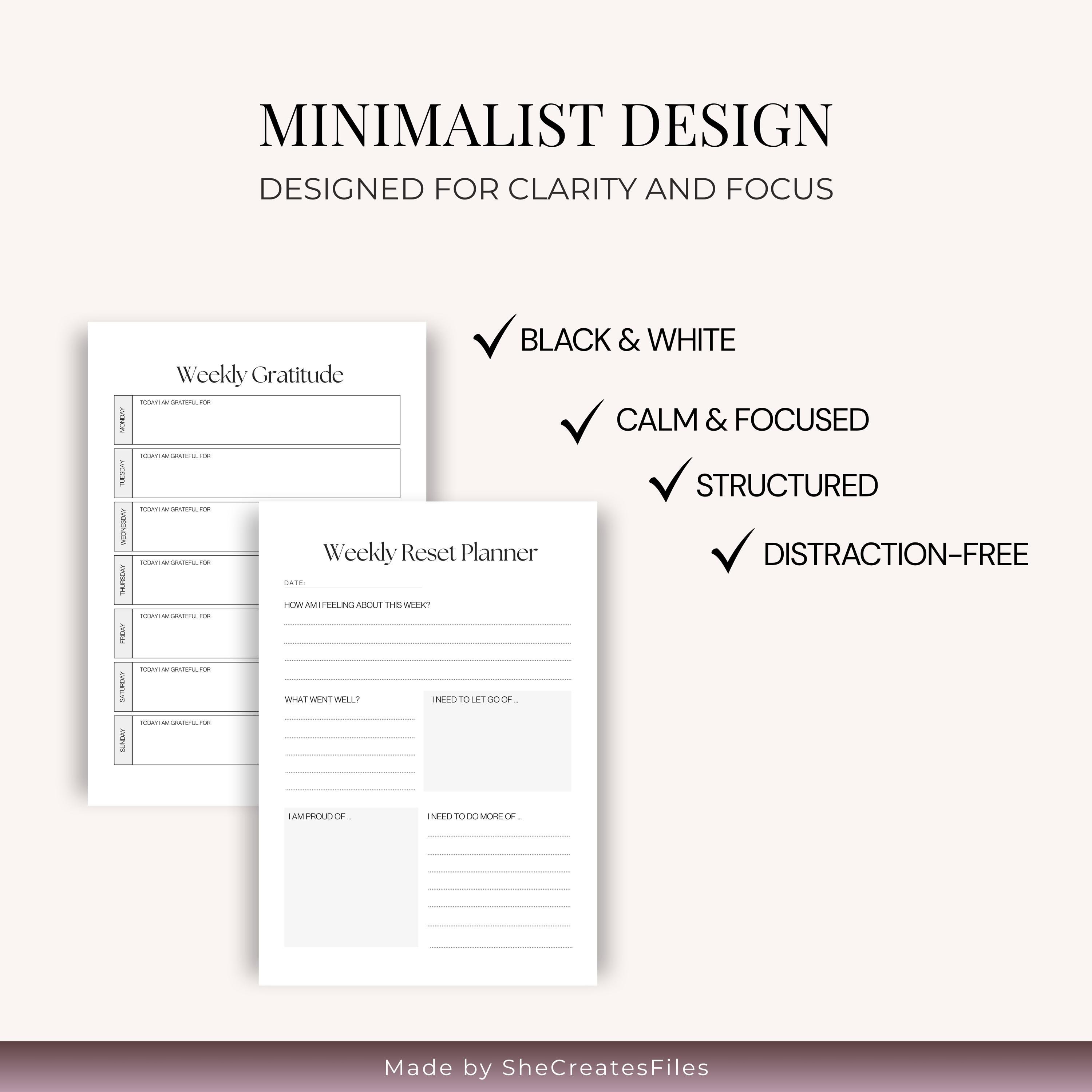 Weekly Reset Planner Printable PDF A4 US Letter Minimal Reflection ...