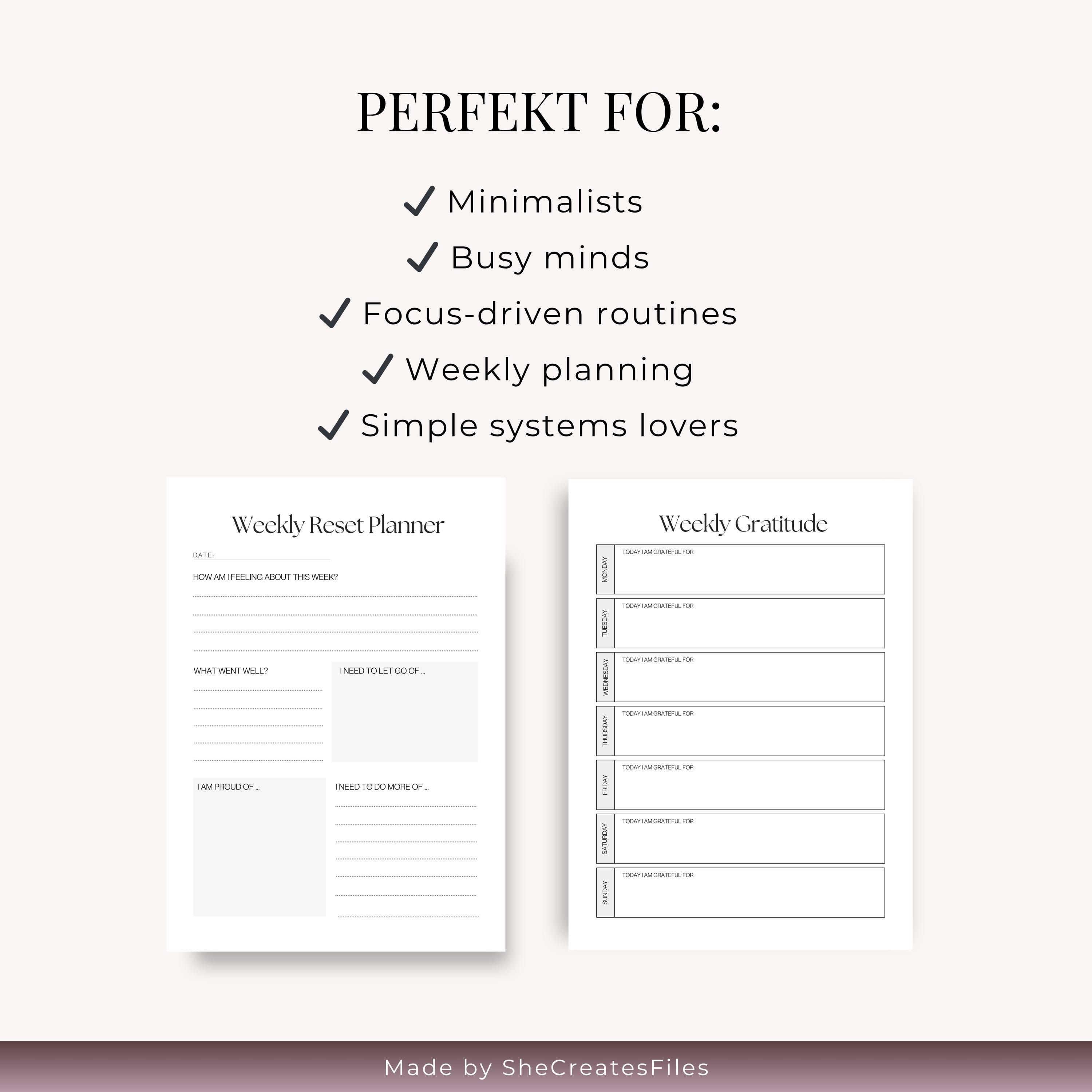 Weekly Reset Planner Printable PDF A4 US Letter Minimal Reflection ...