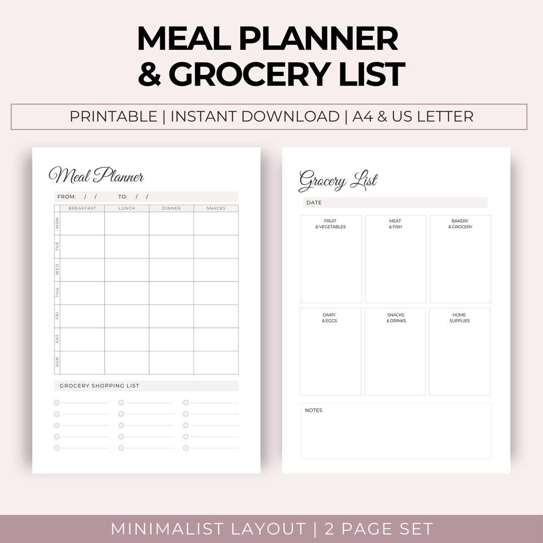 Printable Meal Planner and Grocery List | 2 Page Set| A4 and US Letter ...