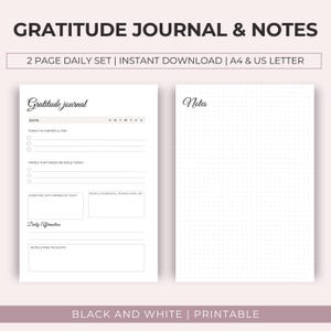 Diario de gratitud imprimible y notas de cuadrícula / Juego de 2 páginas / Formatos PDF A4 y Carta (EE. UU.) / Blanco y negro / Atención plena / Descarga instantánea
