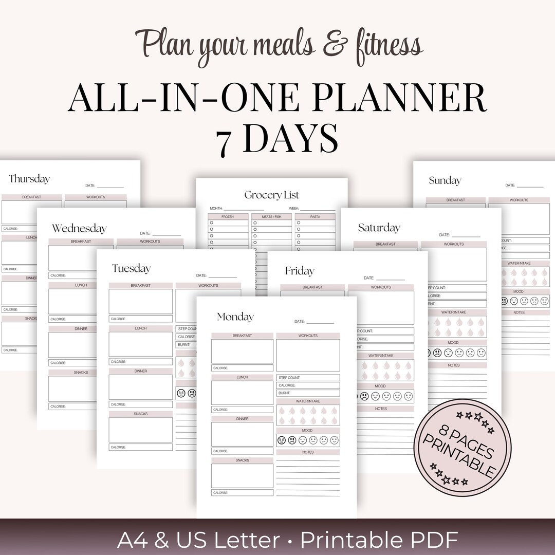 Meal Planner Fitness Tracker Printable PDF A4 US Letter Weekly Food Log ...