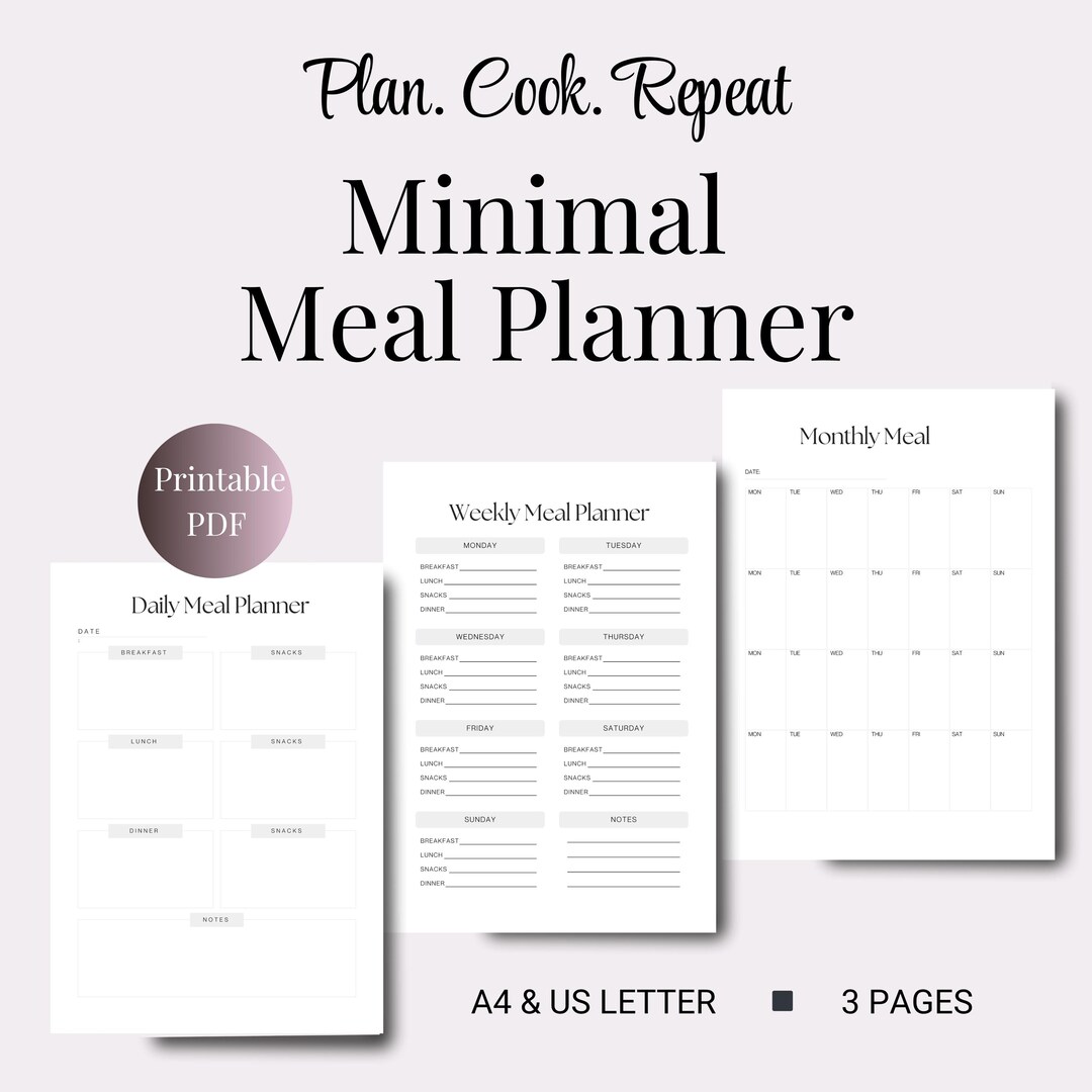 Minimal Meal Planner Printable PDF A4 US Letter Weekly Menu Planner - Etsy