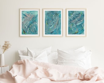 Cold Little Hearts, SET OF 3, Abstract Art in Blue & Gray, Ocean, Fine Art Giclée on Paper or Canvas Wall Art, Wall art